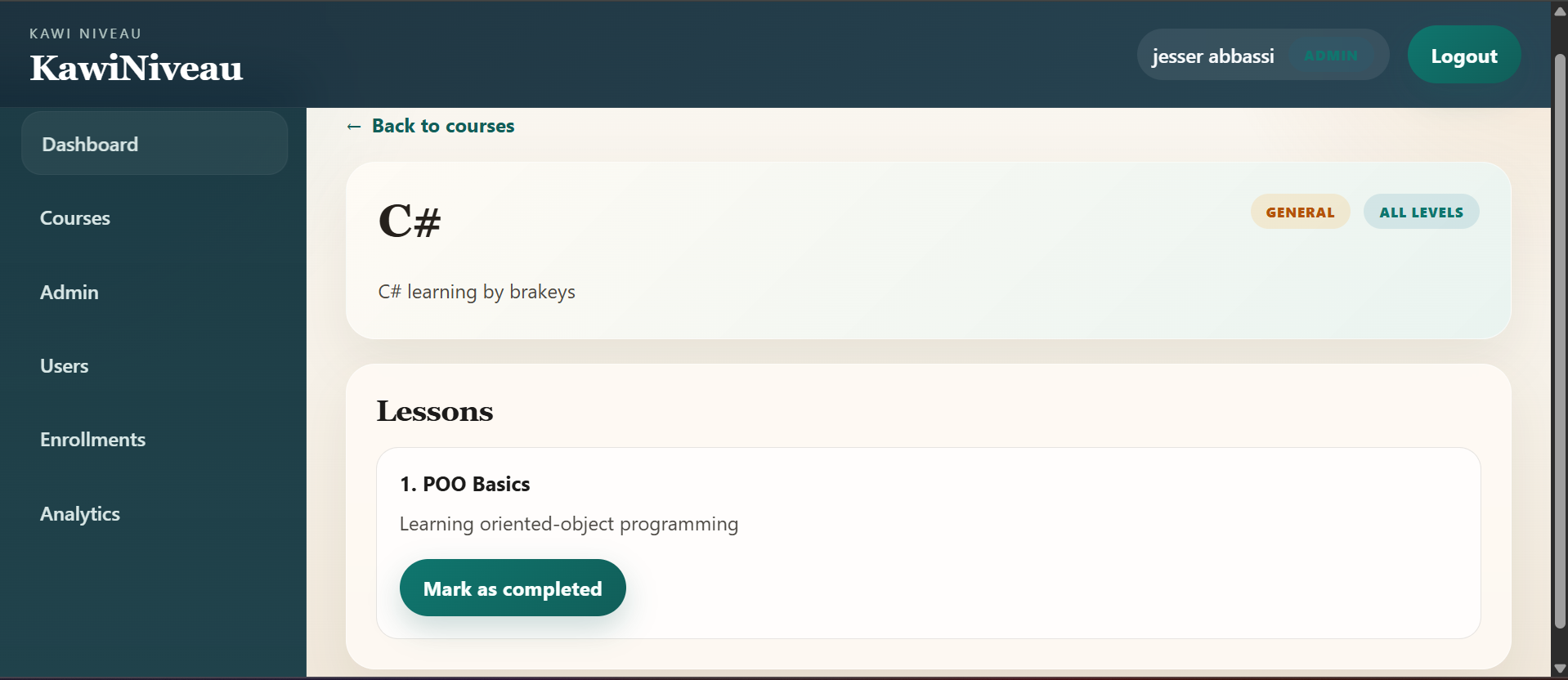KawiNiveau full-stack platform screenshot